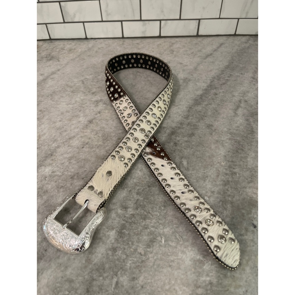 Nocona Belt Womens M White Brown Studded Crystal Calf Hair On Hide Western Rodeo